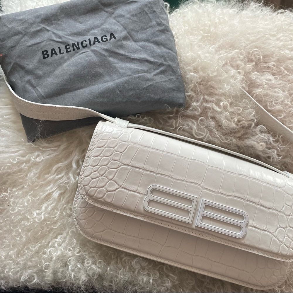 Balenciaga over the shoulder, white, croc embossed leather bag